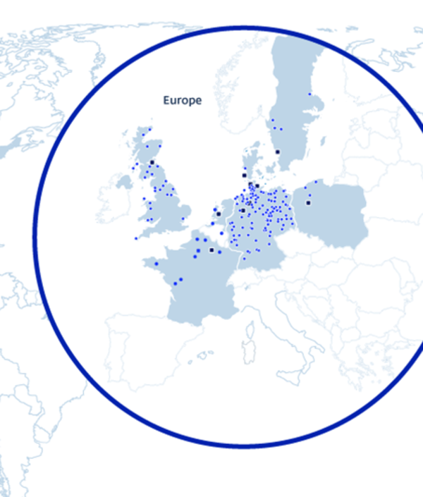 World map showing a well-connected warehouse network in Europe